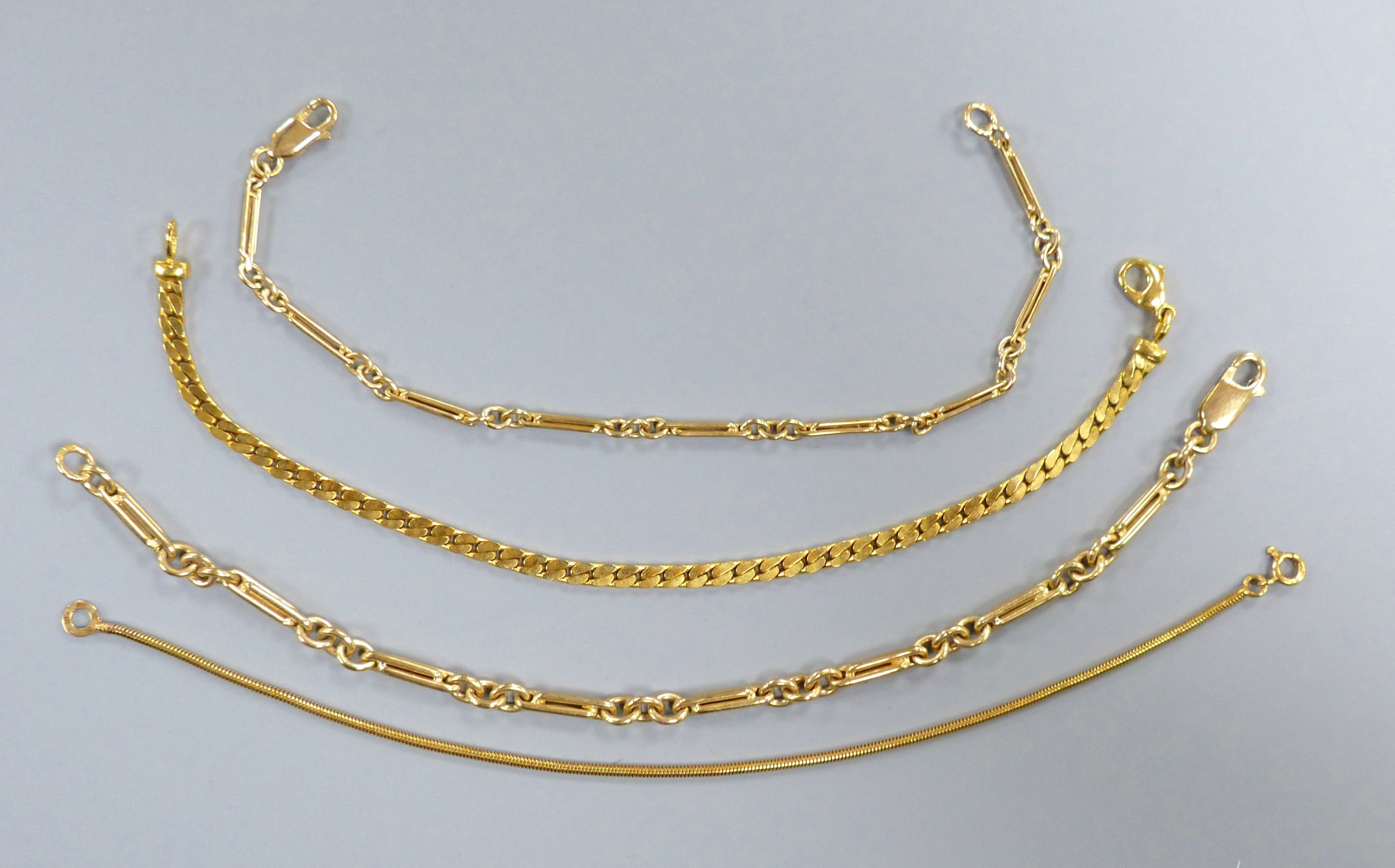 Four assorted modern 9ct gold bracelets, longest 19.4cm,